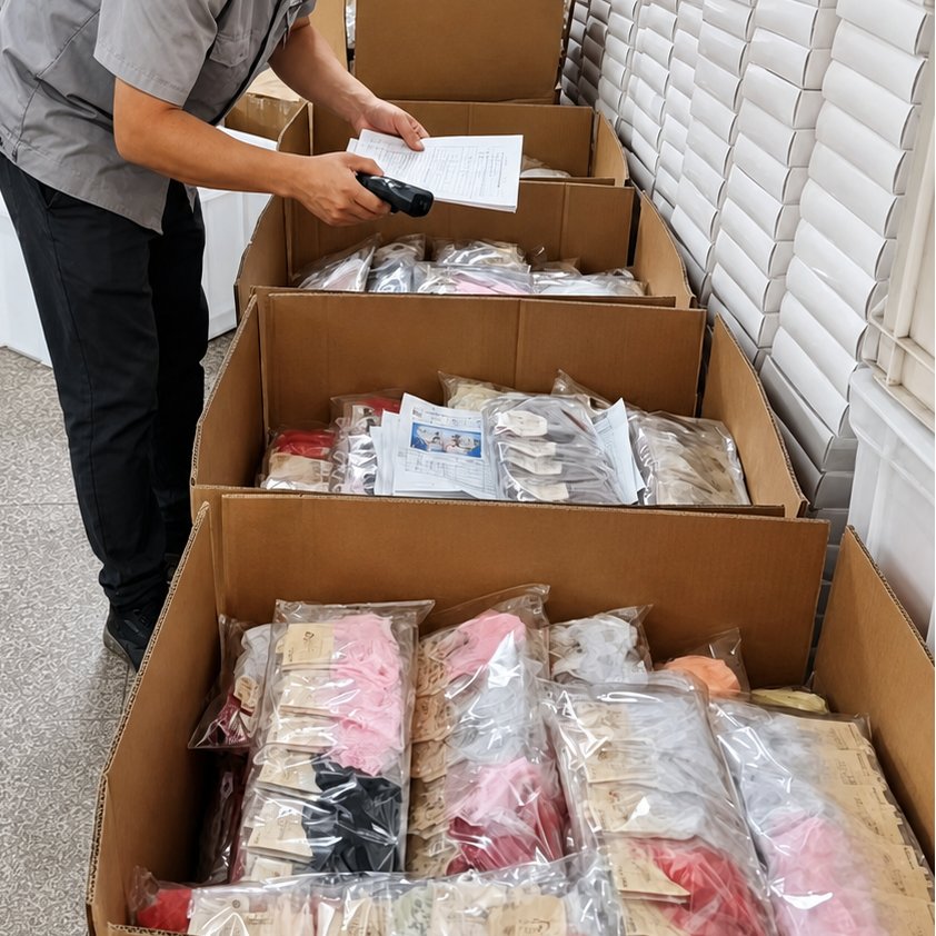 Team member checking finished socks for consistency