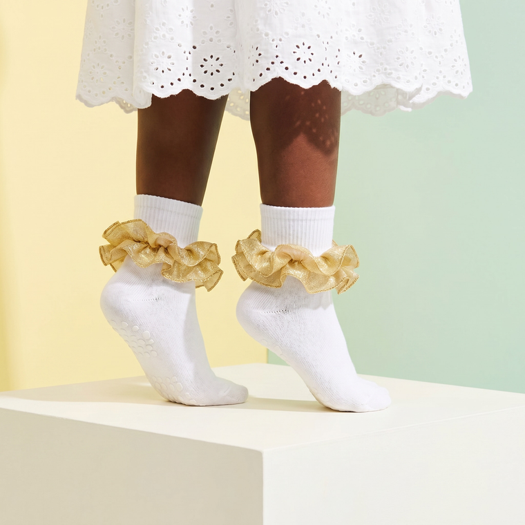 Girls Ruffle Socks Toddler Girl Gold Glitter Fold Down Cuff 2-Layer Lace Fancy Frilly Dress Socks for Little Kids lifestyle product image 3