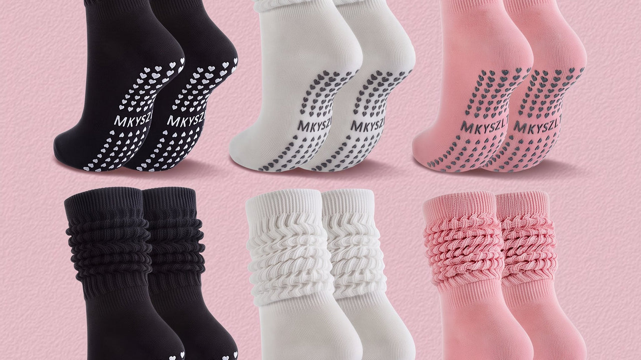 Frillora slouch grip socks shown in black, white and pink