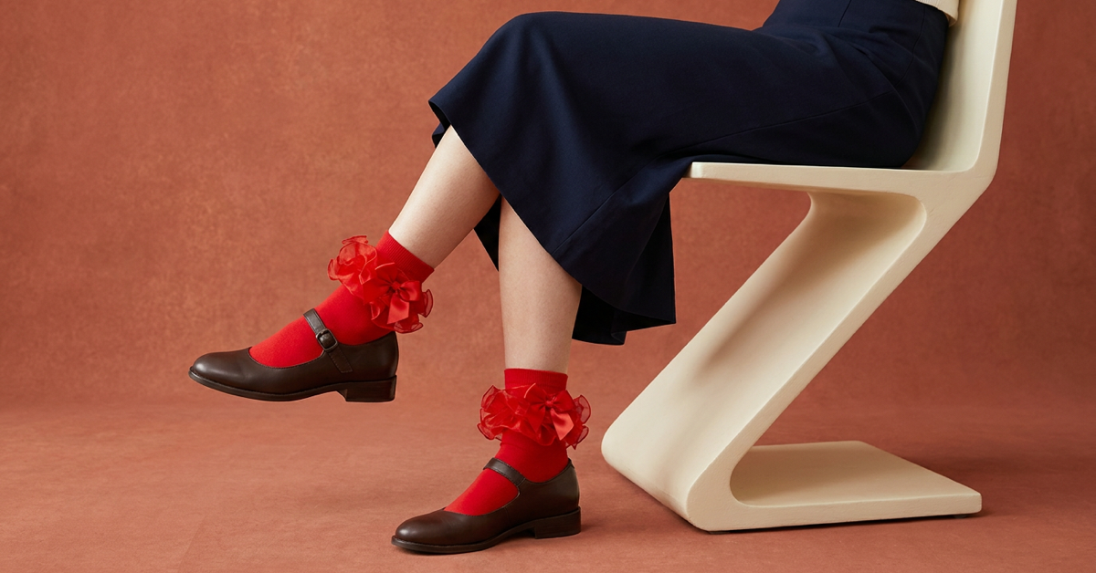 Red ruffle and bow ankle socks styled with brown Mary Jane shoes and a navy skirt.