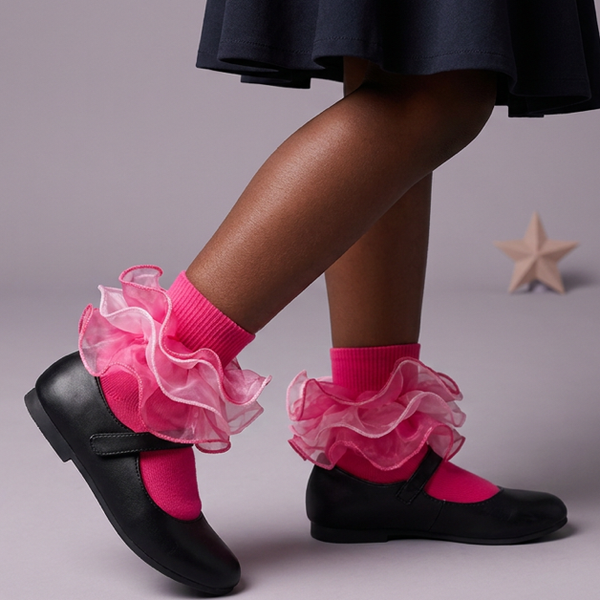 A girl wearing hot-pink layered ruffle socks with black Mary Jane shoes in a softly lit studio.