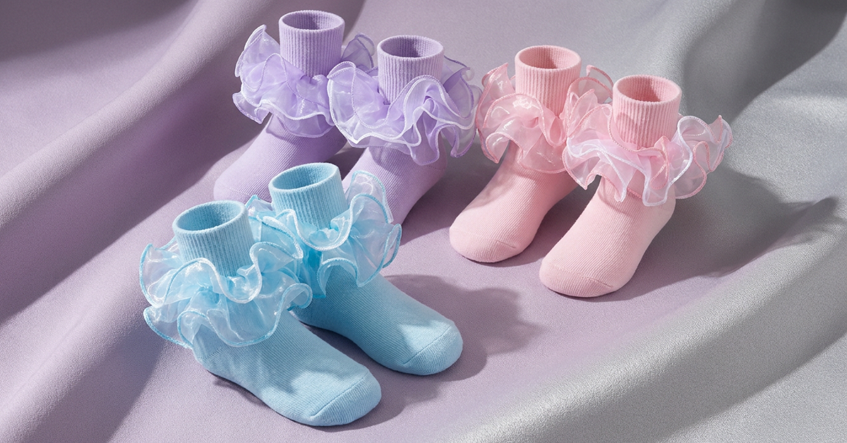 Three pairs of girls' layered ruffle socks in sky blue, lavender and pink arranged on satin fabric.