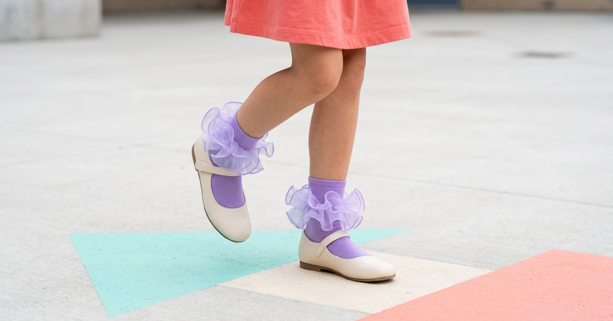 A girl wearing purple fold-cuff ruffle socks with cream Mary Jane shoes while stepping across a colorful floor.