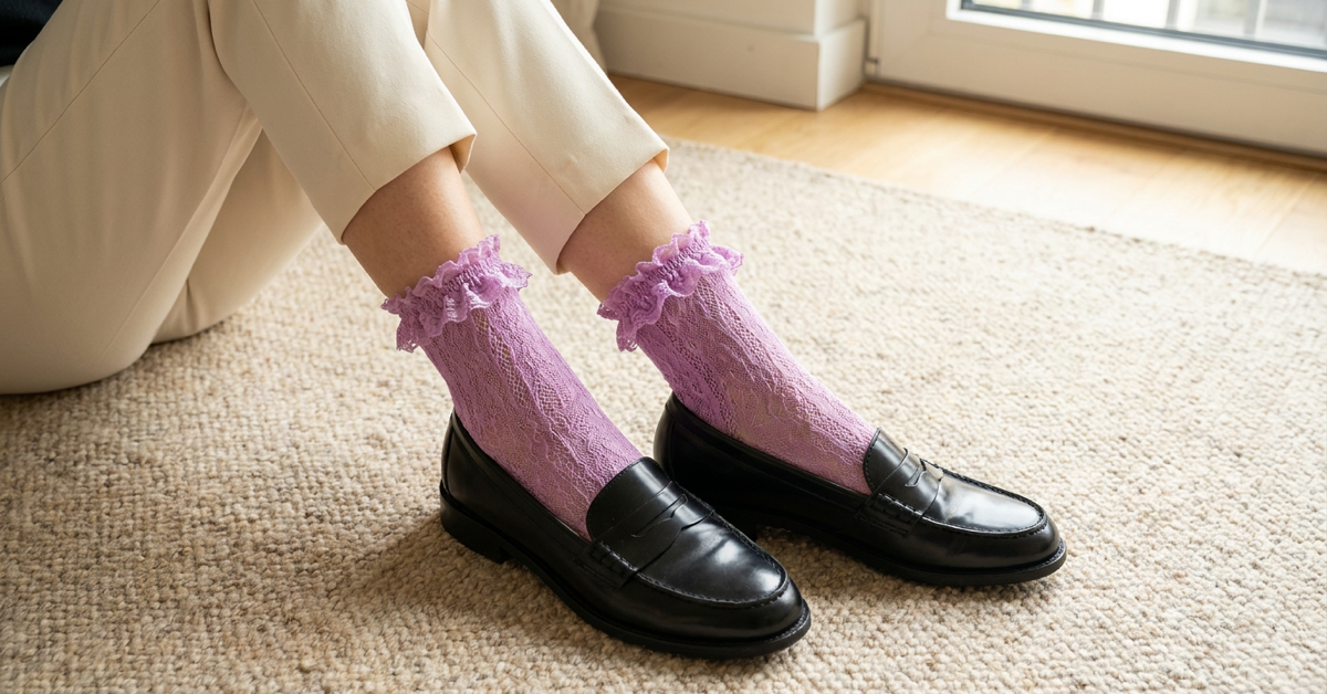 Lavender lace ankle socks with black penny loafers and cropped cream trousers.