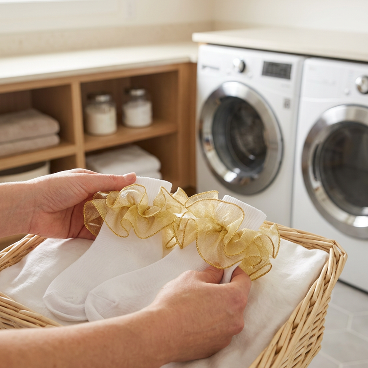 Hands holding white socks with gold-edged ruffles above a towel-lined laundry basket.