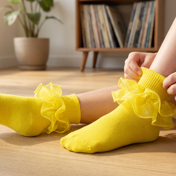 Hands adjusting the cuff of a yellow ruffle sock, with a matching sock resting on a wooden floor.