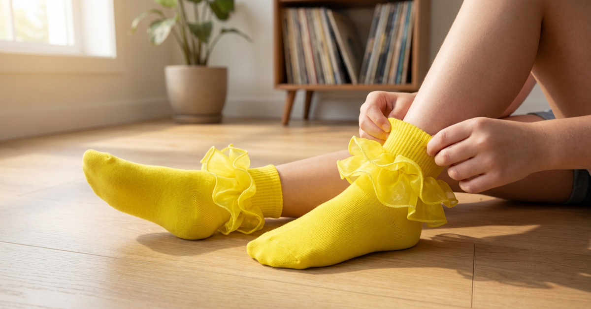 Hands adjusting the cuff of a yellow ruffle sock, with a matching sock resting on a wooden floor.