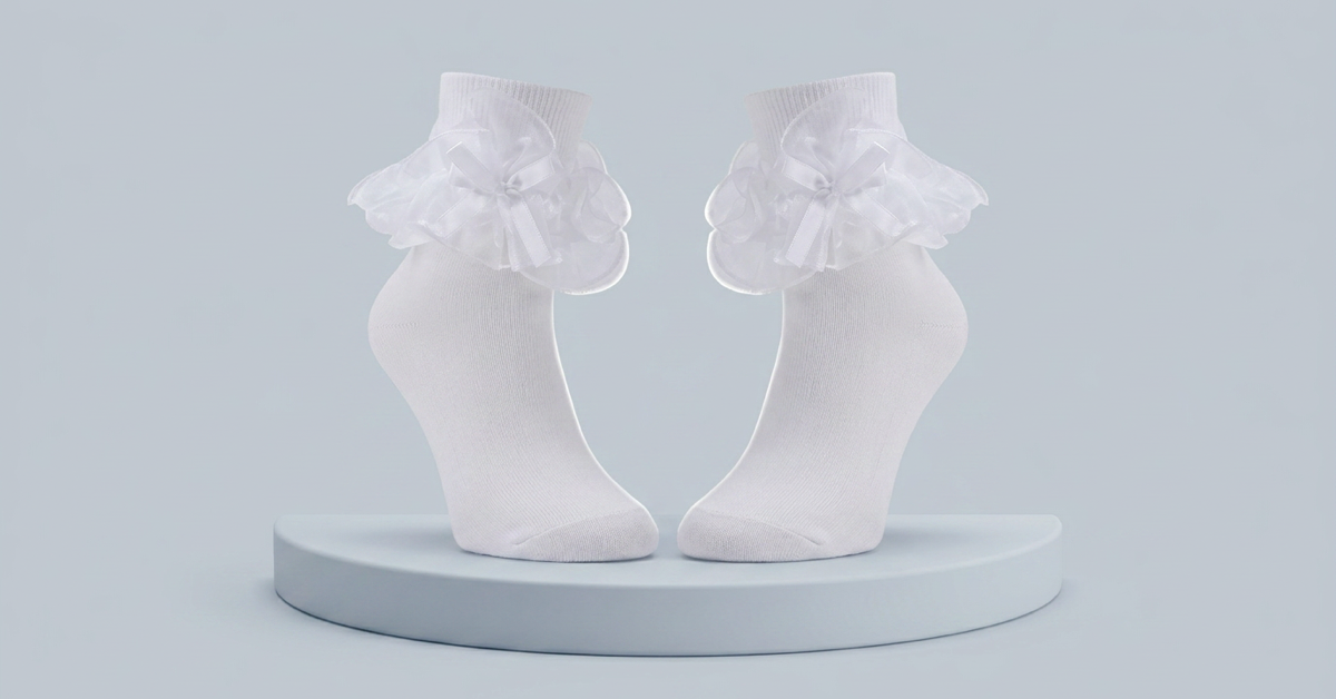 A pair of white ankle socks with layered ruffles and satin bows displayed on a pale pedestal.