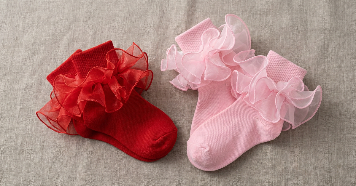 Red and pale pink girls' ruffle socks arranged as two pairs on natural linen.