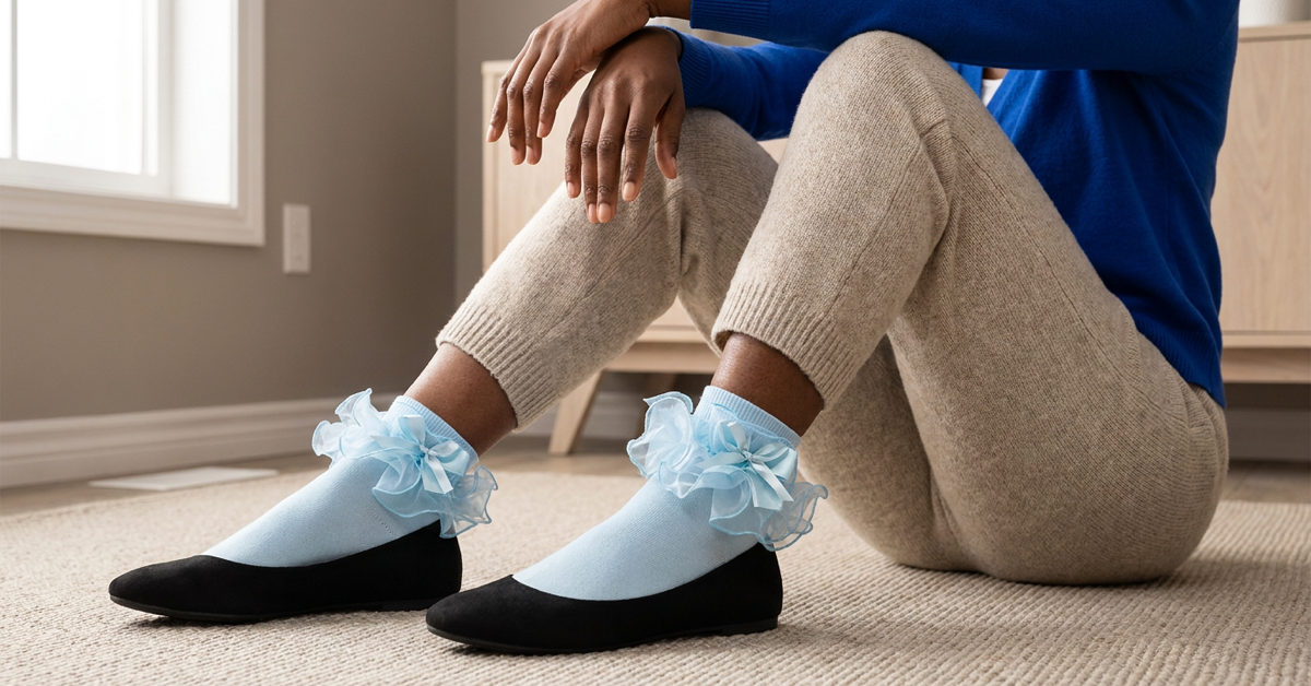 Pale blue ruffle bow ankle socks worn with black ballet flats and cropped cream trousers.