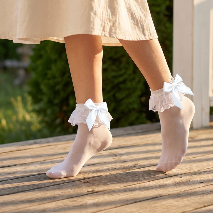 Women's White Ruffle Ankle Socks with Satin Bows lifestyle product image 1