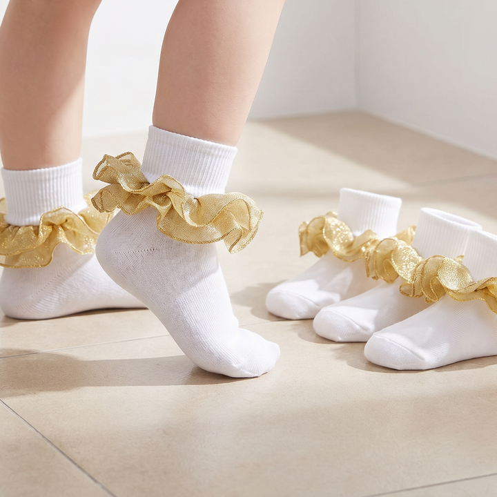 Girls Gold Glitter Ruffle Dress Socks, 4 Pairs lifestyle product image 1