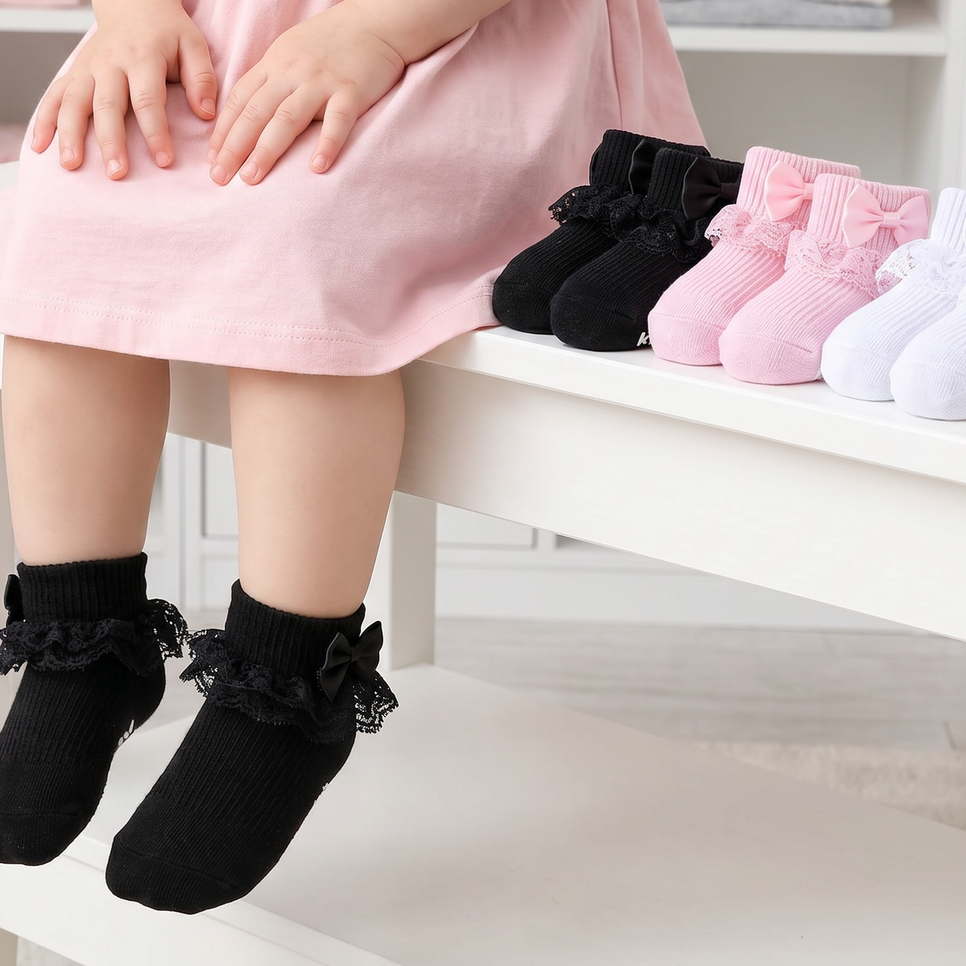 Baby Girl Ruffle Socks with Bow Grips Turn Cuff Ankle Lace Frilly Dress Socks for Newborn/Infant/Toddler/Little Kids lifestyle product image 1