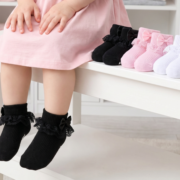 Baby Girl Ruffle Socks with Bow Grips Turn Cuff Ankle Lace Frilly Dress Socks for Newborn/Infant/Toddler/Little Kids lifestyle product image 1