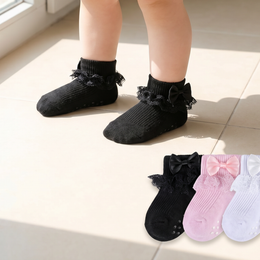 Baby Girl Ruffle Socks with Bow Grips Turn Cuff Ankle Lace Frilly Dress Socks for Newborn/Infant/Toddler/Little Kids lifestyle product image 3