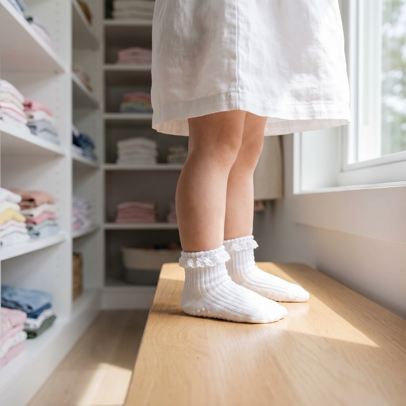 Baby Girl Ruffle Grip Socks with Grip Soles by Frillora, styled product view