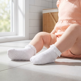 Baby Girl Ruffle Grip Socks with Grip Soles by Frillora, texture and styling detail
