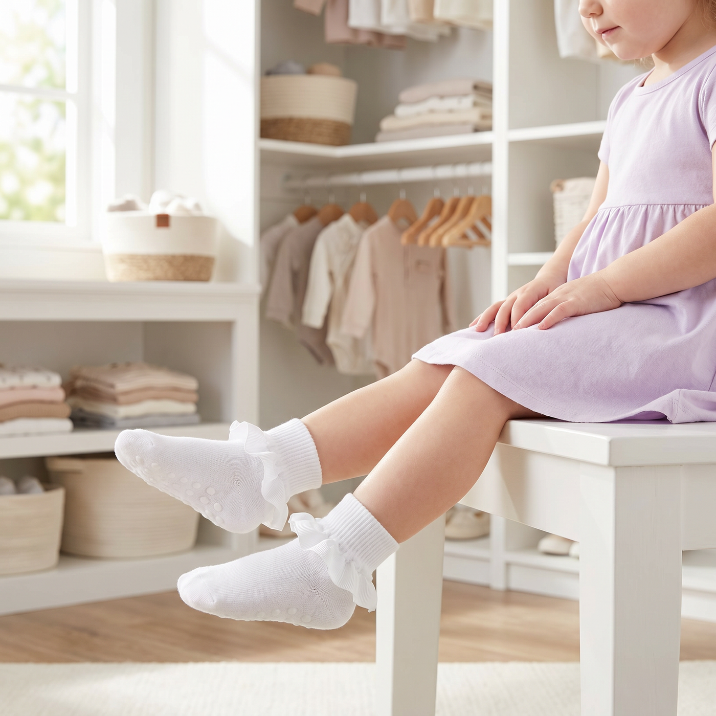 Girls Ruffle Crew Socks with Grip Soles by Frillora, styled product view