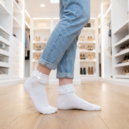 Women's White Ruffle Ankle Socks with Lace Trim lifestyle product image 3