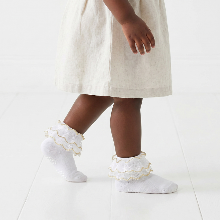 White Girls Ruffle Socks Gold Shimmering Big Double Layer Lace Sock Ruffles Frilly Dress Socks for Baby Toddler Girl lifestyle product image 1