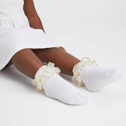 White Girls Ruffle Socks Gold Shimmering Big Double Layer Lace Sock Ruffles Frilly Dress Socks for Baby Toddler Girl lifestyle product image 4