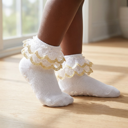 White Girls Ruffle Socks Gold Shimmering Big Double Layer Lace Sock Ruffles Frilly Dress Socks for Baby Toddler Girl lifestyle product image 5