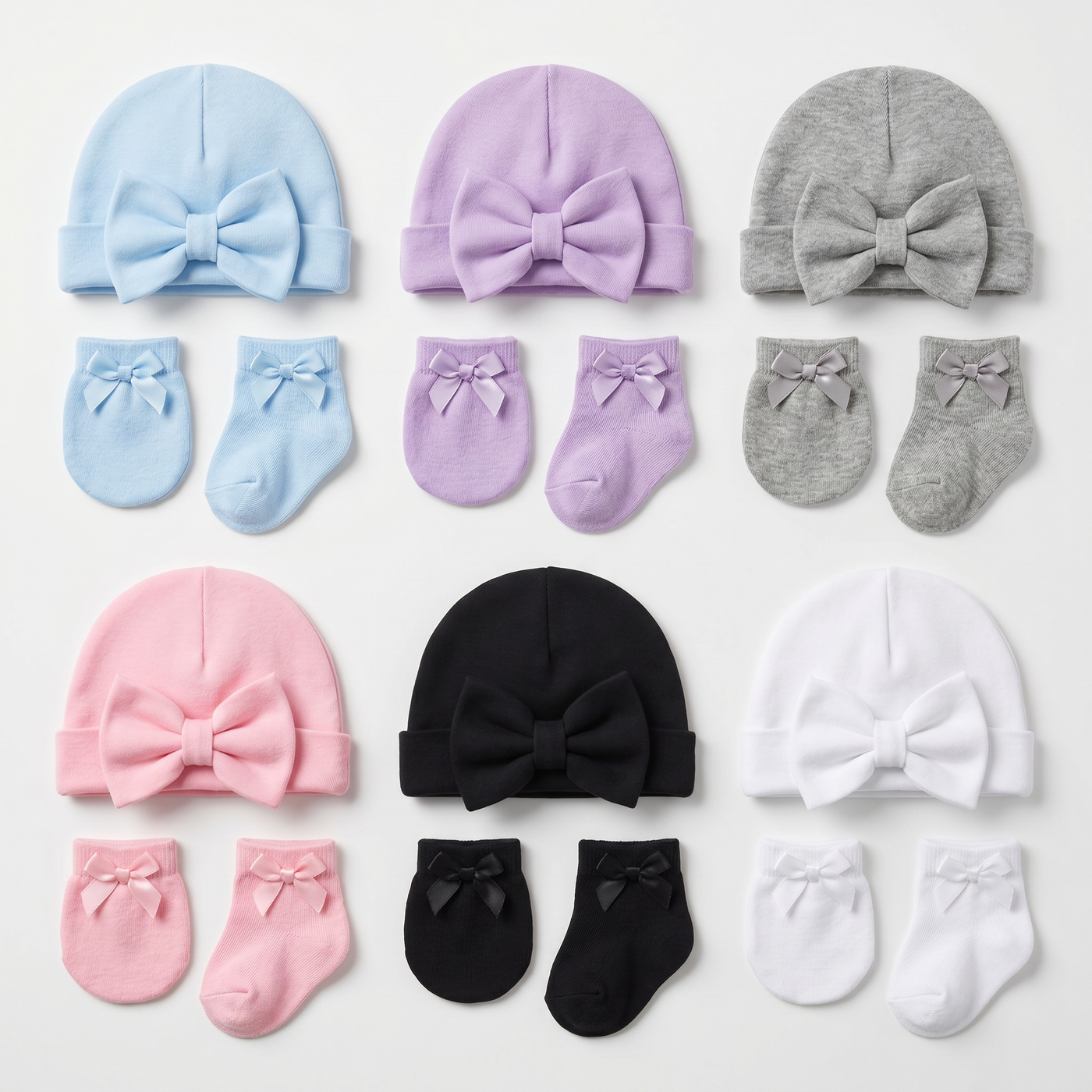 6 Pack Preemie Hats Mittens and Socks Set,Newborn Cotton Bow Caps and No Scratch Preemie Mittens Socks for Infant Baby Girl New Born 0-6 Months lifestyle product image 1
