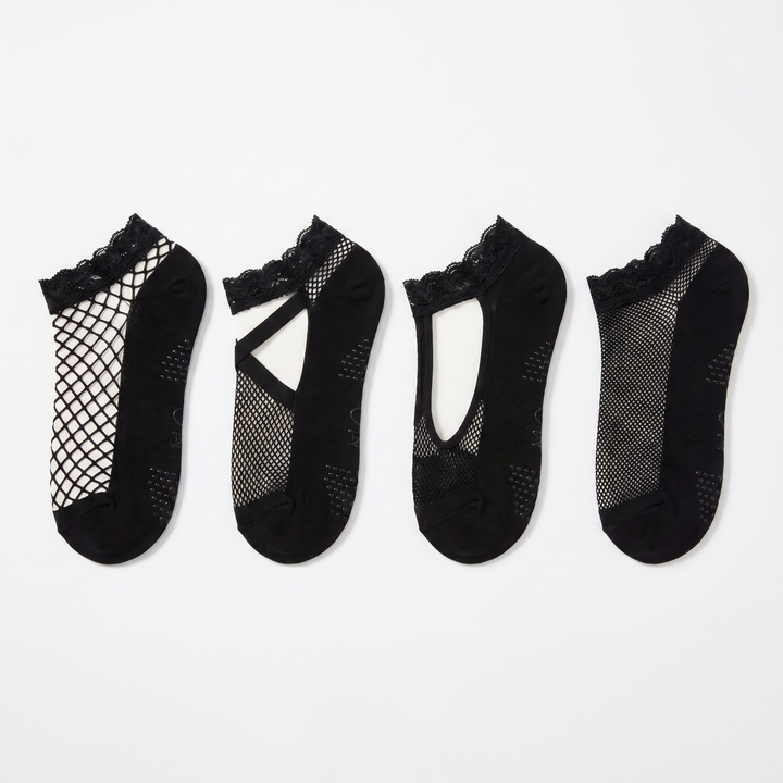 Women Black Lace No Show Socks Fishnet Mesh Sheer Non Slip Ankle Socks Hollow Out Net Thin Short Sexy Fancy Sock (US, Alpha, Large, Regular, Regular, Black - 4 pairs) lifestyle product image 1