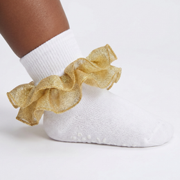 Girls Ruffle Socks Toddler Girl Gold Glitter Fold Down Cuff 2-Layer Lace Fancy Frilly Dress Socks for Little Kids lifestyle product image 2
