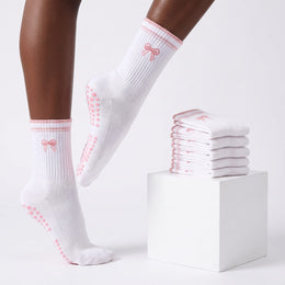 Pilates Grip Socks for Women Non Slip Grippy Yoga Socks Cute Crew Athletic Coquette Sock with Embroidered Pink Bow Womens Grips Sock for Barre Gym Workout Ballet Dance Hospital - 6 Pairs lifestyle product image 1
