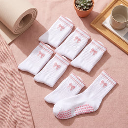 Pilates Grip Socks for Women Non Slip Grippy Yoga Socks Cute Crew Athletic Coquette Sock with Embroidered Pink Bow Womens Grips Sock for Barre Gym Workout Ballet Dance Hospital - 6 Pairs lifestyle product image 2