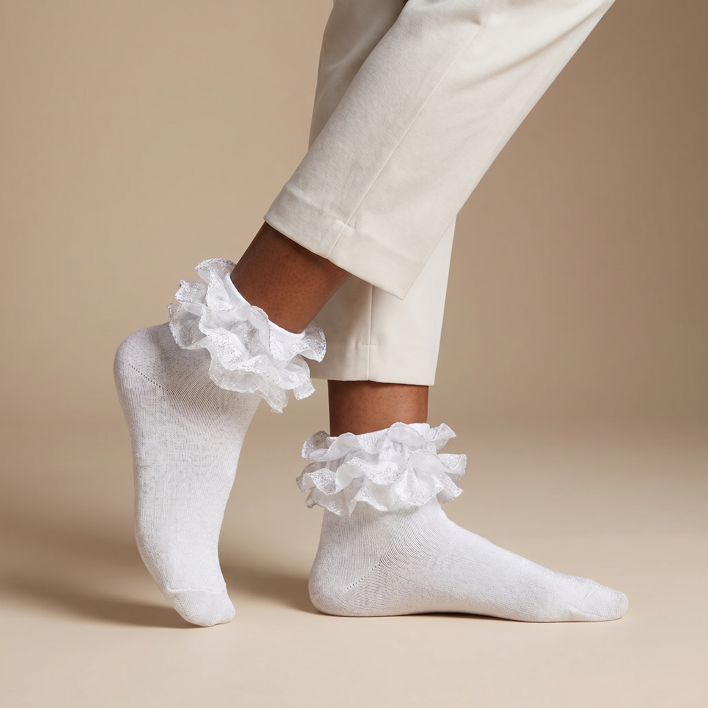 Women Glittery Ruffle Ankle Socks,Adult Double Lace Sparkling Frilly Dress Socks with Ruffles Cute Ruffled Bobby Sock lifestyle product image 1