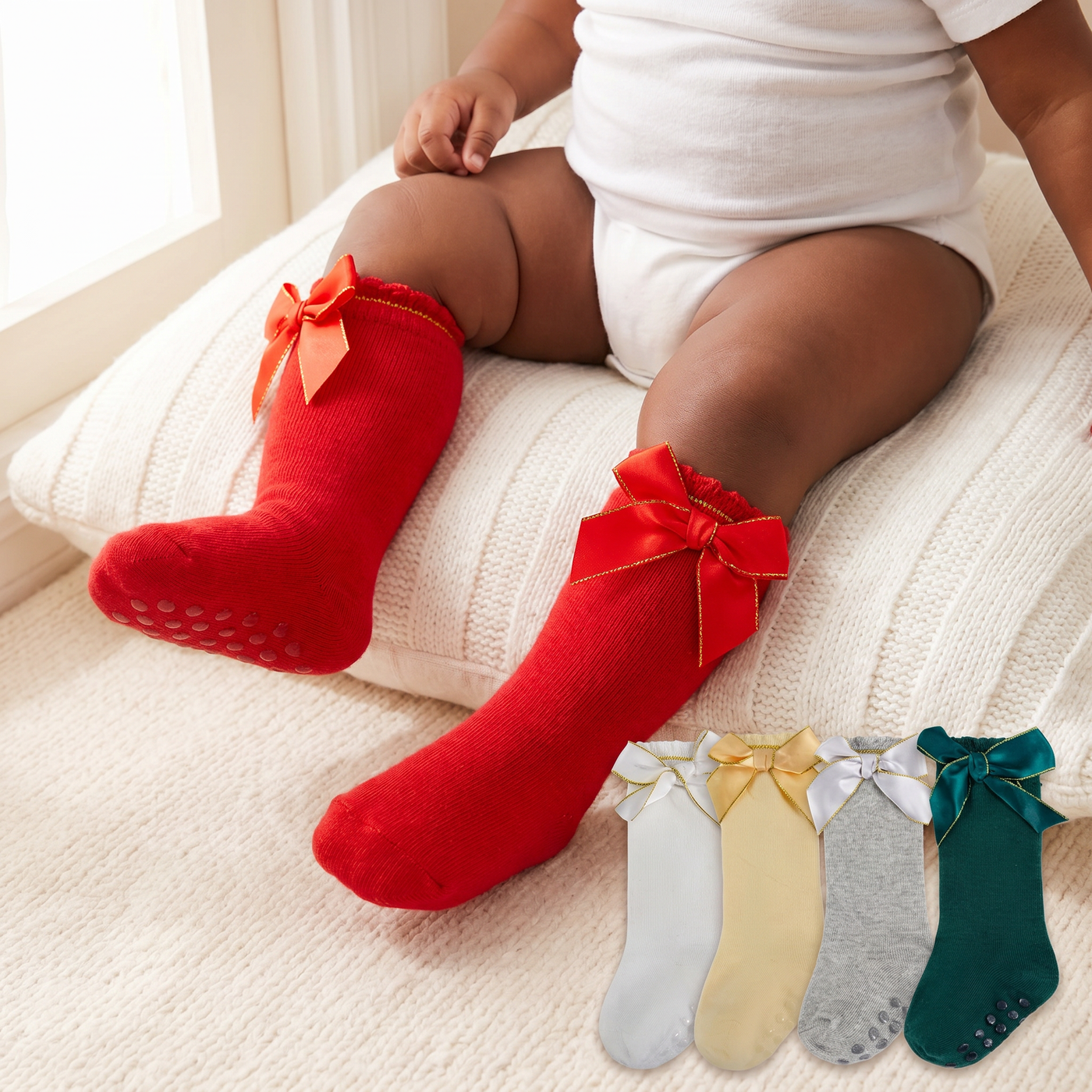 Baby Girls Knee High Socks Newborn Infant Toddler Non Slip Long Ruffle Frilly Stockings Cotton Bow Tall Tube Sock lifestyle product image 1