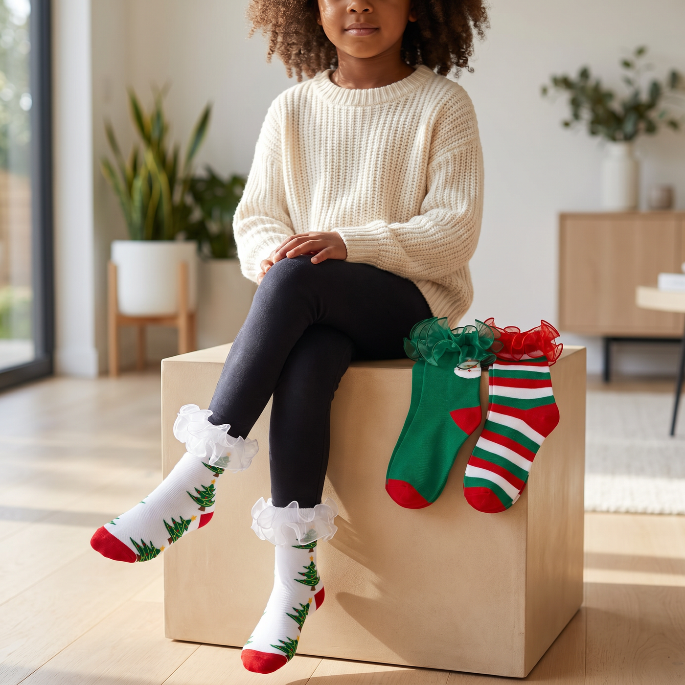 Christmas Socks with Lace Ruffle for Women 3 Pairs Cute Cotton Ruffled Striped Xmas Socks Frilly Novelty Crew Sock Funny Holiday Gifts Stuffers for Girls lifestyle product image 1