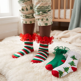 Christmas Socks with Lace Ruffle for Women 3 Pairs Cute Cotton Ruffled Striped Xmas Socks Frilly Novelty Crew Sock Funny Holiday Gifts Stuffers for Girls lifestyle product image 3