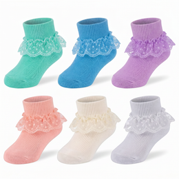 6 Pairs Baby Girl Ruffle Socks Double Lace Turn Cuff Cotton Ankle Frilly Dress Socks for Newborn Infant Toddler Girls lifestyle product image 6