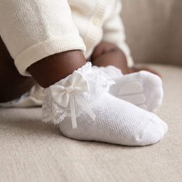 6 Pairs White Baby Girl Ruffle Socks with Ribbon Bow Cotton Eyelet Ankle Lace Fancy Dress Socks Infant Toddler Girls lifestyle product image 5