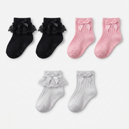 Baby Girl Ruffle Socks with Bow Grips Turn Cuff Ankle Lace Frilly Dress Socks for Newborn/Infant/Toddler/Little Kids lifestyle product image 2