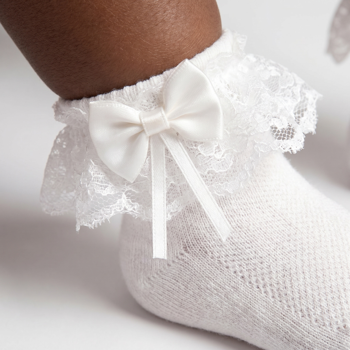 White Baby Girl Ruffle Socks with Ribbon Bow Cotton Ankle Lace Fancy Dress Socks for Newborn Infant Toddler Girls lifestyle product image 1