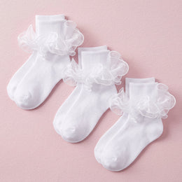 FRILLORA Girls Ruffle Socks with Double Lace Turn-Cuff - White - 3 Pairs