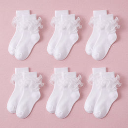 FRILLORA Girls Ruffle Socks with Double Lace Turn-Cuff - White - 6 Pairs