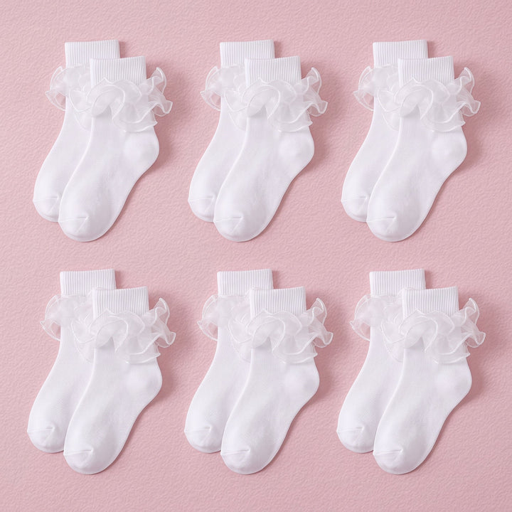 FRILLORA Girls Ruffle Socks with Double Lace Turn-Cuff - White - 6 Pairs
