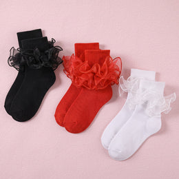FRILLORA Girls Ruffle Socks with Double Lace Turn-Cuff - White, Black, Red - 3 Pairs