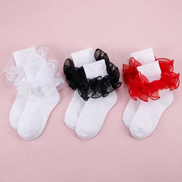 FRILLORA Girls Ruffle Socks with Double Lace Turn-Cuff - White, Red, Black - 3 Pairs