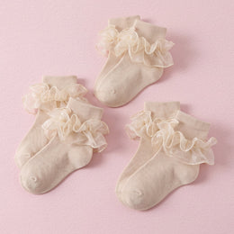 FRILLORA Girls Ruffle Socks with Double Lace Turn-Cuff - Beige - 3 Pairs