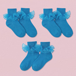 FRILLORA Girls Ruffle Socks with Double Lace Turn-Cuff - Aquamarine - 3 Pairs