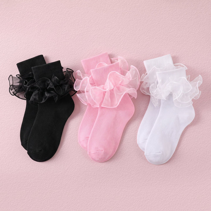 FRILLORA Girls Ruffle Socks with Double Lace Turn-Cuff - White, Pink, Black - 3 Pairs