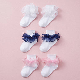 FRILLORA Girls Ruffle Socks with Double Lace Turn-Cuff - White, Navy Blue, Pink - 3 Pairs