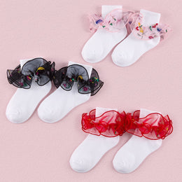 FRILLORA Girls Ruffle Socks with Double Lace Turn-Cuff - Multicolor - 3 Pairs