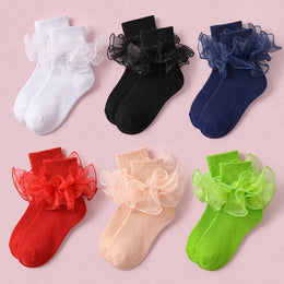 FRILLORA Girls Ruffle Socks with Double Lace Turn-Cuff - Black, White, Navy Blue, Red, Green, Ivory - 6 Pairs